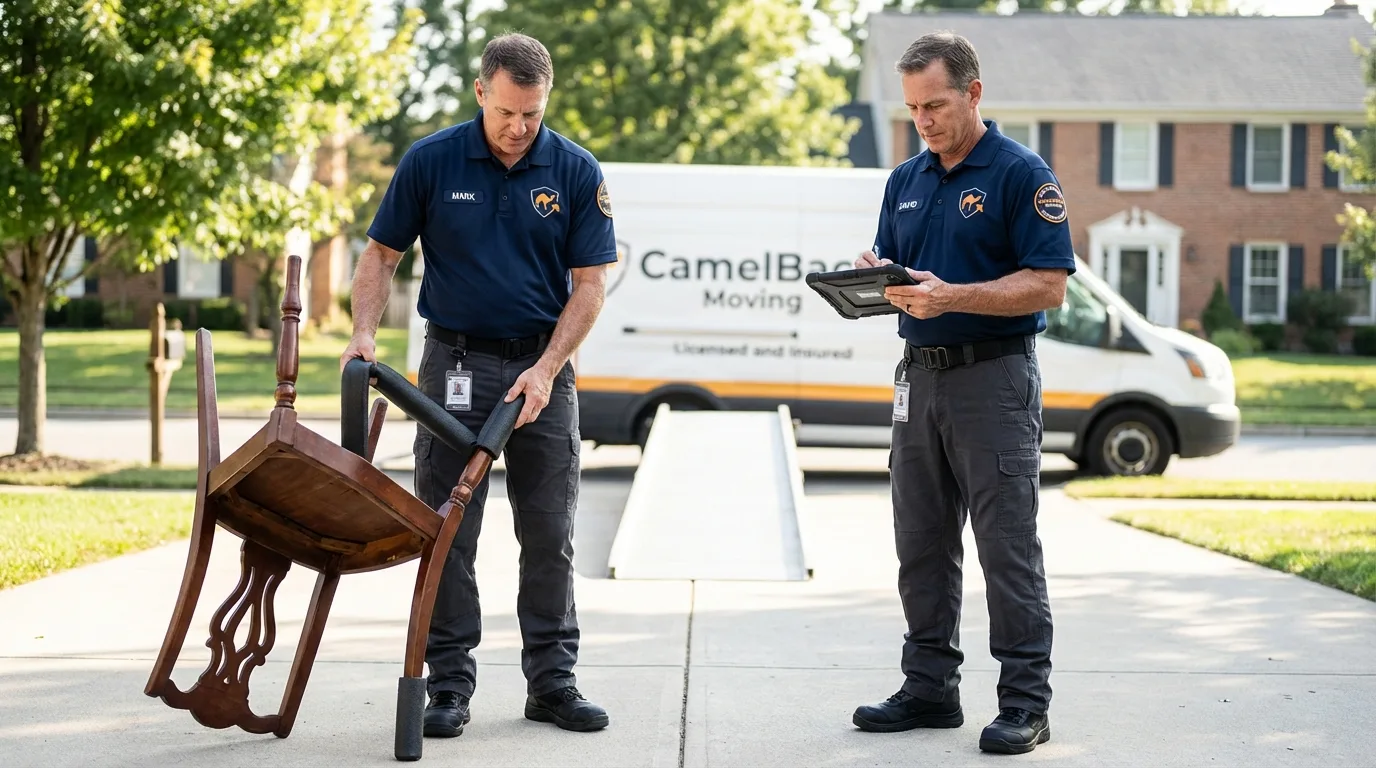 Movers inspecting furniture for damage prevention before loading in Mohnton, PA