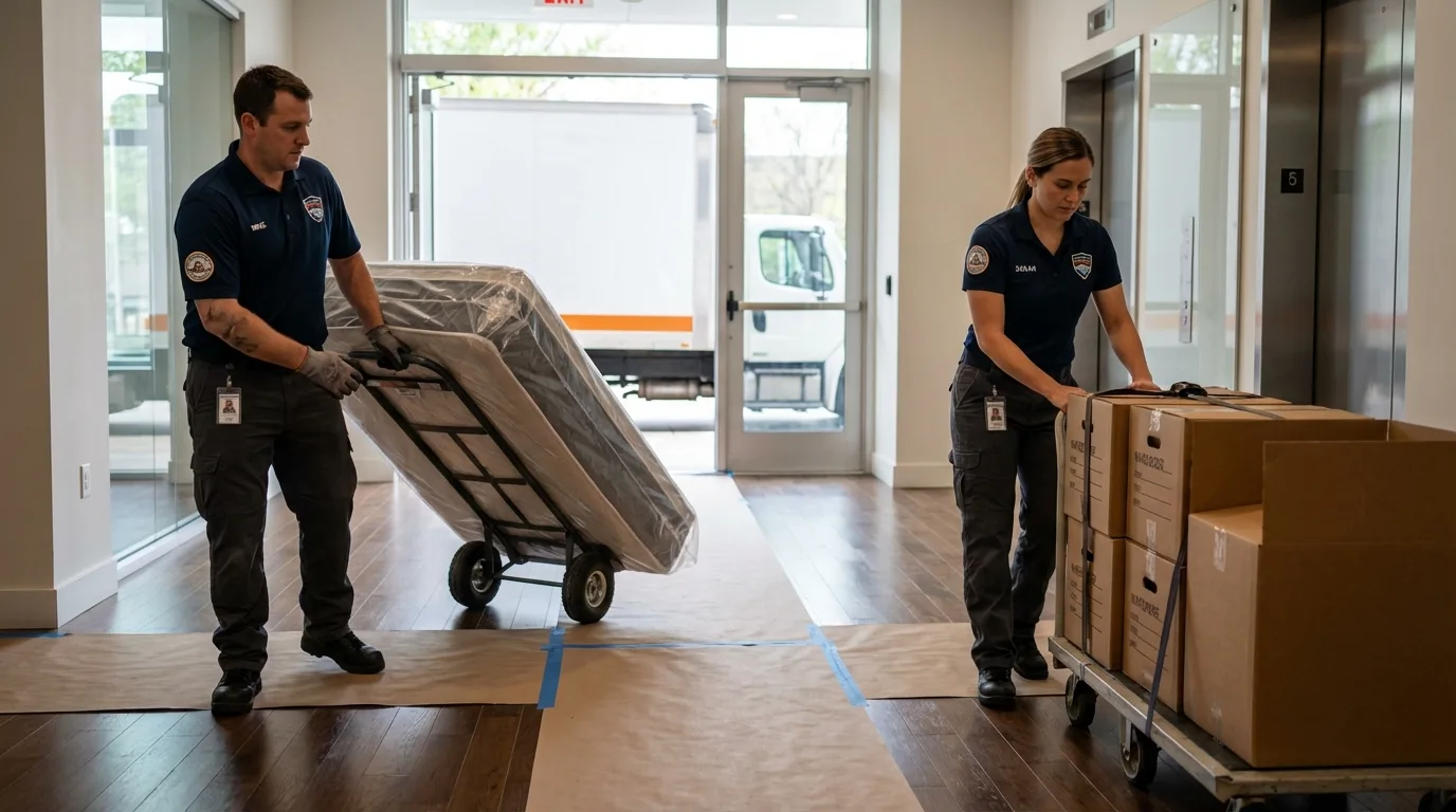 Professional apartment movers loading elevator in Mohnton, PA