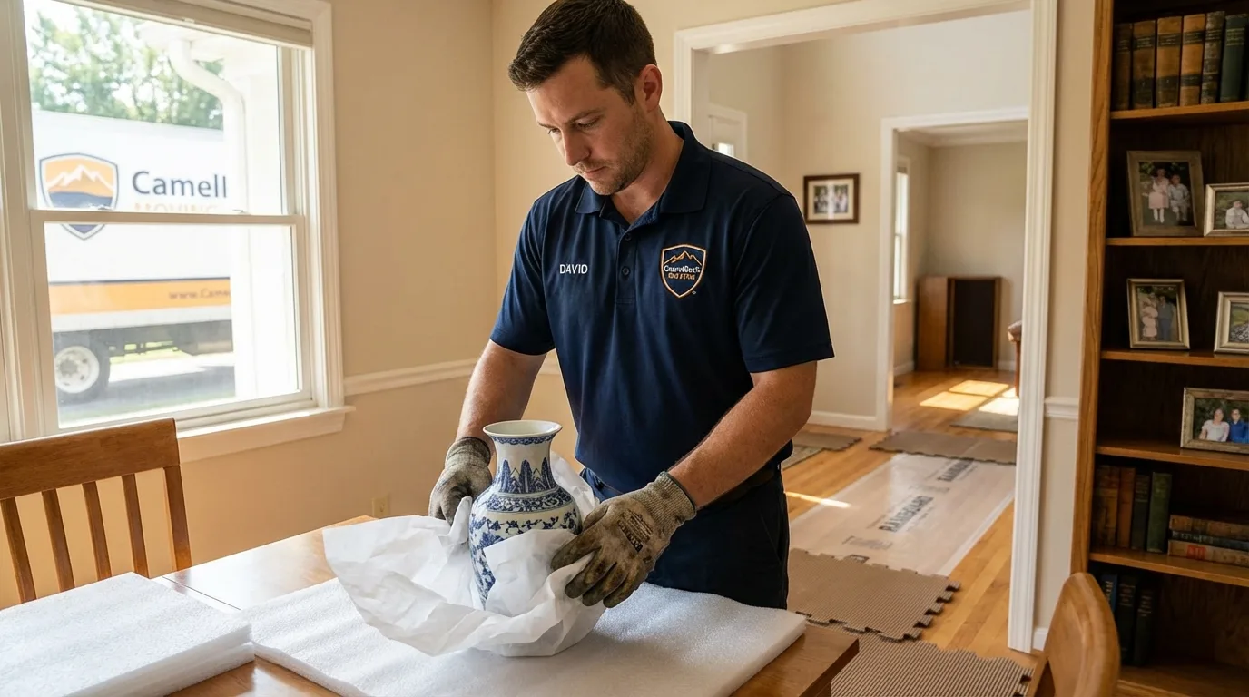 Professional crew carefully wrapping antique vase for senior downsizing move in Mohnton, PA